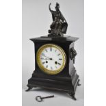 A Late 19th Century Black Slate Mantel Clock with Bronze Britannia Finial and Lion Ring Mask