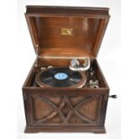 A Vintage Oak Cased Wind Up Gramophone, Working Order, 43cms by 42cms, Some Condition Issues