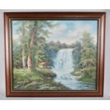 Framed Oil on Canvas, Continental Waterfall Scene, Signed R Danford, 60x50cms