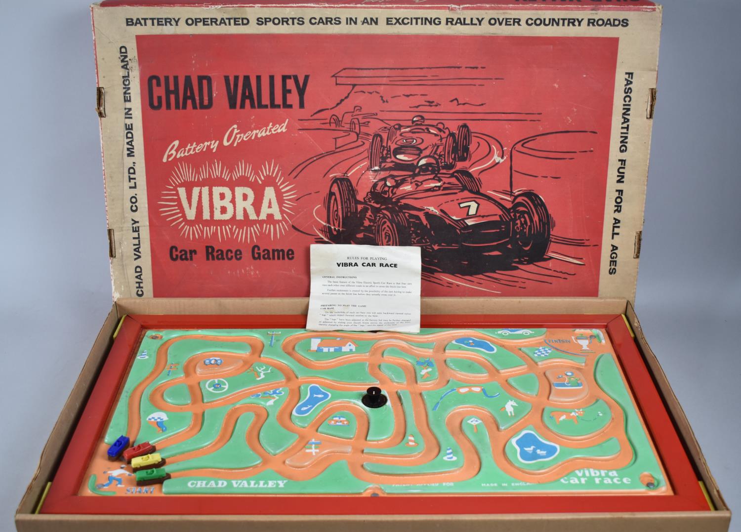 A Vintage Boxed Chad Valley Vibra Car Racing Game with Four Cars but Missing Selector Card