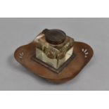 A Late Victorian Copper and Glass Desk Top Inkwell with Pierced Copper Tray, 12cms Square