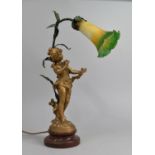 A Mid 20th Century Bronzed Spelter Figural Table Lamp with Opaque Green and Yellow Glass Shade, "Les