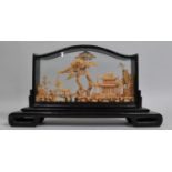An Intricately Carved Oriental Cork Diorama Set in Ebonized Case with Stand, 50cms Wide