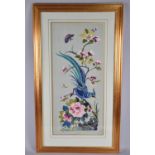 A Framed Chinese Embroidery, Peacock in Branch with Chrysanthemum and Butterfly, 60x27cms