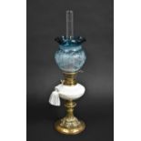 A Victorian Brass and Opaque Glass Oil Lamp with Etched Coloured Shade, Plain Glass Chimney, 59cms