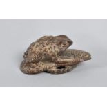 A Chinese Carved Wooden Study of a Toad on Lily Leaf, Signed Under, 6cms Long