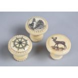 Three Reproduction Bone Drawer Knobs with Scrimshaw Style Decoration