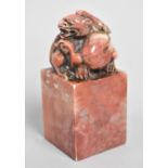 A Reproduction Chinese Hardstone Seal with Temple Lion Finial, 10cm high