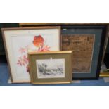 A Framed Still Life Watercolour, Framed Map of Shropshire and a Print of Ironbridge