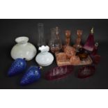 A Collection of Various Glassware to comprise Shades, Part Dressing Table Set, Cranberry Glass, Blue