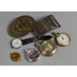 A Collection of Various Modern Pocket Watches Together with Two American Bronze Metal Belt Buckles