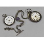 Two Silver Cased Pocket Watches, Both AF Together with a White Metal and Enamelled T Bar Chain