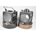 Two Black Painted Railway Lamps with Circular Paraffin Tank Bases