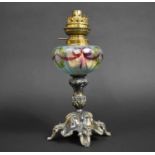 A Late Victorian Silver Plate and Painted Glass Oil Lamp on Scrolled Feet with Brass Burner, no