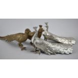 Two Pairs of Pheasant Ornaments in Silver Plate and Brass