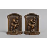 A Pair of Cast Bronze Book Ends, Decorated in relief with The Thinker, After Rodin, 12cms High