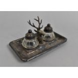 An Edwardian Silver Plated Pen Stand with Two Glass Inkwells and Stag Pen Holder, Tray 18.5cms Wide