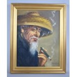 A Framed Oil on Board, Chinese Gent Smoking, Signed Bottom Right, 26x34cms