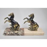 Two French Desktop paperweights in the Form of Rearing Horses, Marble Plinth Base, 11cms Wide