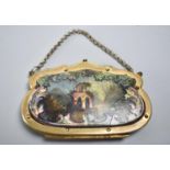 A Pretty Brass Framed French Purse with Inlaid Mother of Pearl to Papier Mache and Having Silk