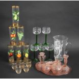 A Collection of Various Glassware to Include Pink Glass Dressing Table Set, Set of Six Highball