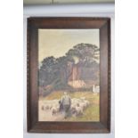 A Large Oak Framed Oil on Canvas, Shepherd with Sheep on Lane, Condition Issues, 50x75cms