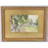 A Gilt Framed Watercolour Depicting Thatched Cottage with Figures and Poultry Beside Tree Lined