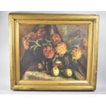 A Large Gilt Framed Oil on Canvas, Still Life Chrysanthemums and Fruit, 60x50cm