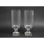 A Pair of Modern Star Cut Hurricane Lamps on Square Plinth Feet, 40cms High