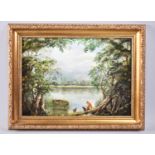 A Small Gilt Framed Oil Depicting Seated Figure with Dogs Beside Mere, "Quiet Moment" by Greta