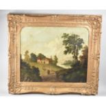 A Large Naive Gilt Framed Oil on Canvas Depicting Figure Walking towards Church Beside River,