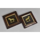 A Pair of Framed Gilt Metal Studies of War Horses, Each 24x23cm