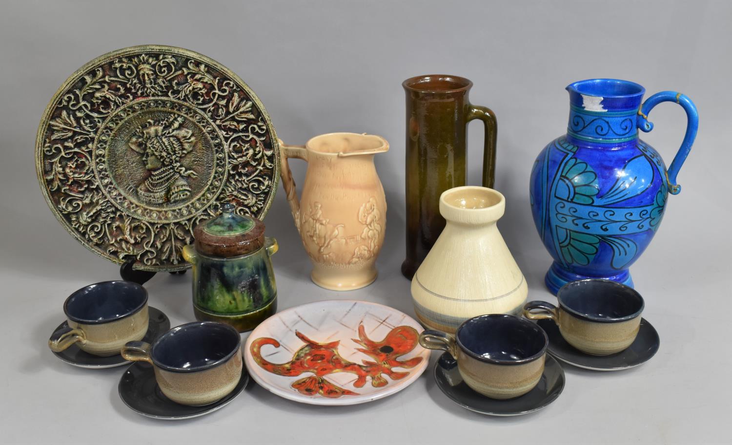 A Collection of Various Glazed Items to comprise relief Charger, Stoneware Plate, Studio Pottery