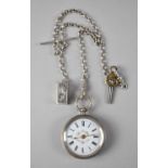 A Ladies Silver Watch with Chain, Fob and Key, Working Order