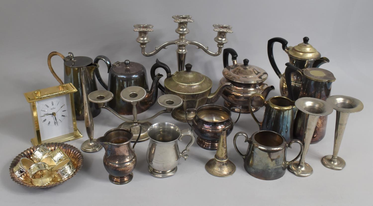 A Collection of Various Silver Plated Items to comprise Three Branch Candelabra (AF), Teapots, Vases
