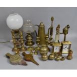 A Collection of Various Brass Items to comprise Oil Lamp Complete with Chimney and Shade, Table