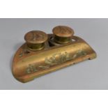 A Continental Art Nouveau Brass Desk Top Inkstand with Pen Rest, Two Hinged Inkwells, Glass Liners