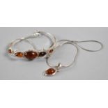 A Pretty Silver and Amber Bracelet Along with Matching Amber and Silver Necklace, Stamped 925