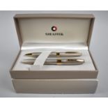 A Boxed Sheaffer Legacy II Brush Finish Pen and Ballpoint Set with 18ct Gold Nib