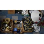 Three Boxes of Various Sundries to comprise Fabrics, Curtains, Jackfield Black Glazed Finger Plates,