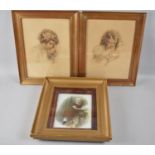 A Pair of Gilt Framed Bessie Pease Prints and a Hand Coloured Photo of a Girl, 30x35cms