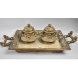 A Late 19th Century French Brass Desk Top Ink Stand with Pierced Border, Two Carrying Handles (One