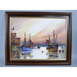 A Framed Oil on Canvas Depicting Fishing Boats in Harbour, 40x30cms