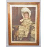 A Large Late Victorian print of a Girl with a Puppy, 60cms by 90cms