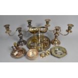 A Collection of Various Silver Plated Items to include Three Branch Candelabra, Galleried Circular