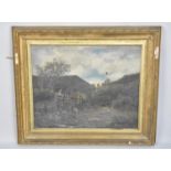 A Gilt Framed Oil on Canvas, Nieve Landscape with Figure and Bull, 52x42cms