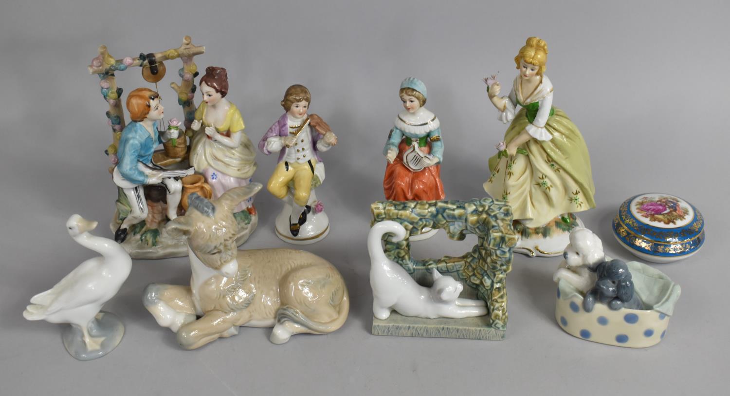 A Collection of Various Continental Ceramic Ornaments to comprise Nao Dog, Donkey, Lladro Duck and