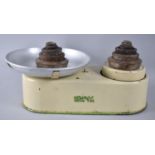 A Set of Mid 20th century Harpel Enamelled Kitchen Scales with Two Sets of Unrelated Weights