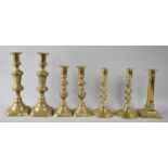 Three Pairs of 19th Century Brass Candlesticks and a Single Example