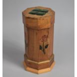 A Mid 20th Century Octagonal Wooden Lidded Canister decorated with Flowers, 26cms High